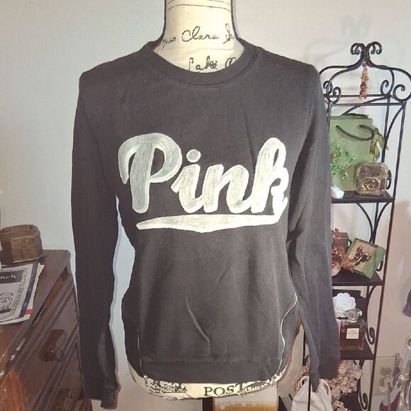 PINK VICTORIA'S SECRET Black Long Sleeve SweatShirt Pink Logo & Side Zip Small - Picture 10 of 10